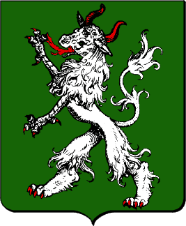 De sinople, à la panthère d'argent, armée et accornée de gueules, crachant du feu du même